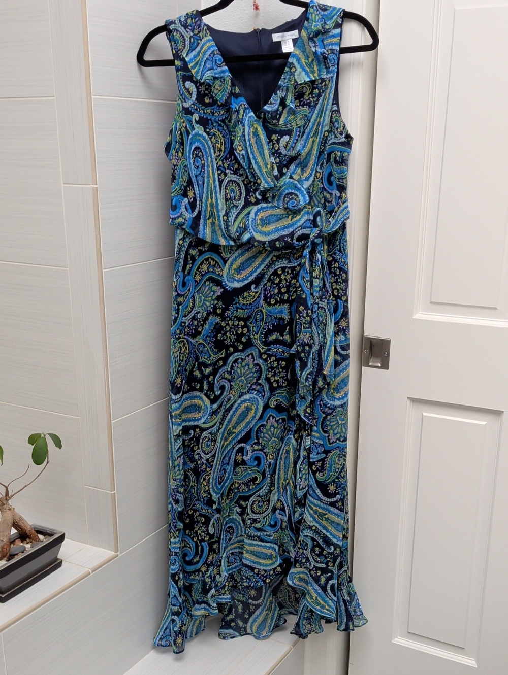 London Times Blue and Green Paisley Faux Wrap Maxi Dress